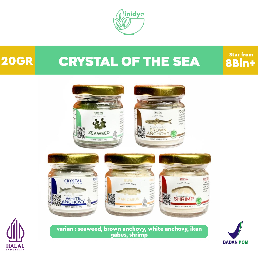 

Crystal of the Sea White Anchovy Food Powder Kaldu Mpasi Bayi | Shrimp | Seaweed | Gabus | CRYSTAL WHITE ANCHOVY / BUBUK IKAN TERI MPASI / Rumput Laut / Whitebite / BPOM Certified Udang Frozen