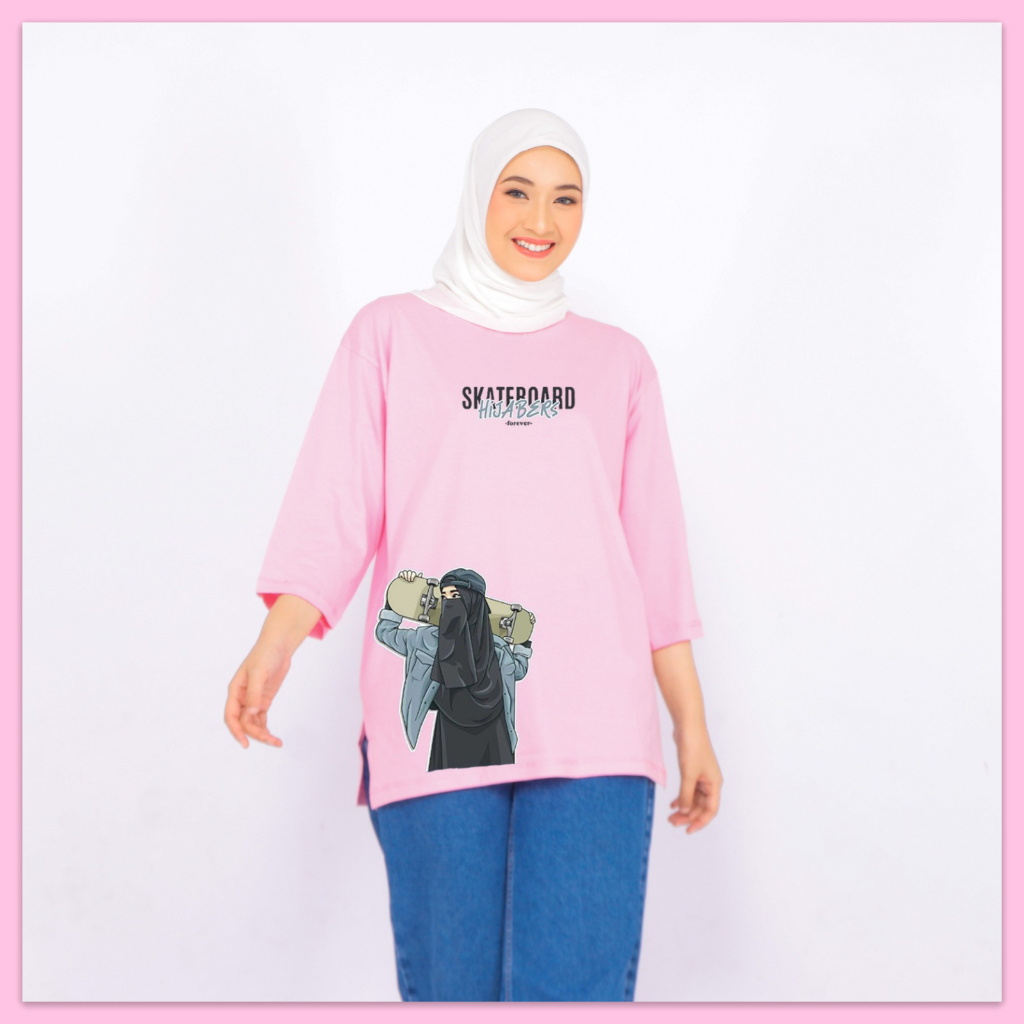 Forever Cloth Kaos Oversize Wanita Lengan 7/8 Baju Kaos Jumbo Kekinian Motif Skateboard Hijabers