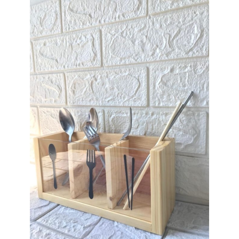 Tempat sendok garpu aesthetic/wadah sendok garpu sumpit kayu jati/Cutlery tempat sendok garpu modern