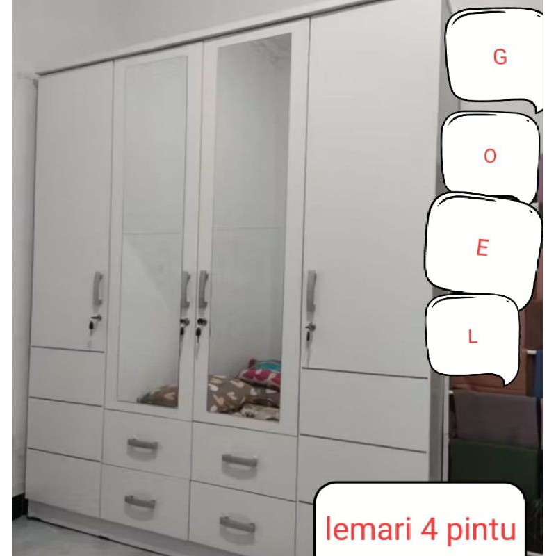 LEMARI 4 PINTU PUTIH MINIMALIS / LEMARI BAJU 4 PINTU PUTIH / LEMARI PAKAIAN 4 PINTU PUTIH MINIMALIS