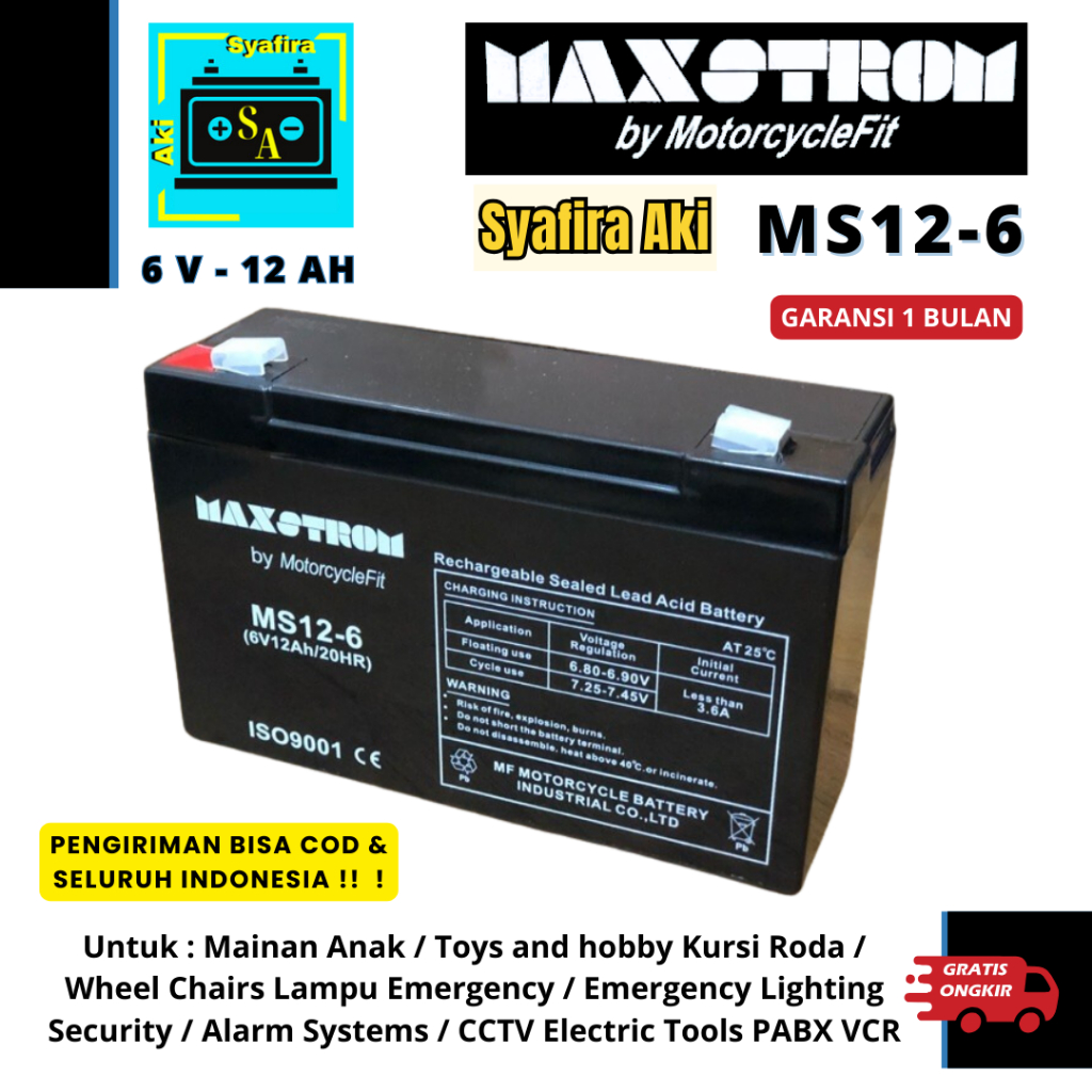 MAXSTROM 6V 12AH VRLA BATERAI MOBILAN AKI ANAK PMB PLIKO UNIKID 6 VOLT 12 AMPER RC MAXSTROM 6V12AH