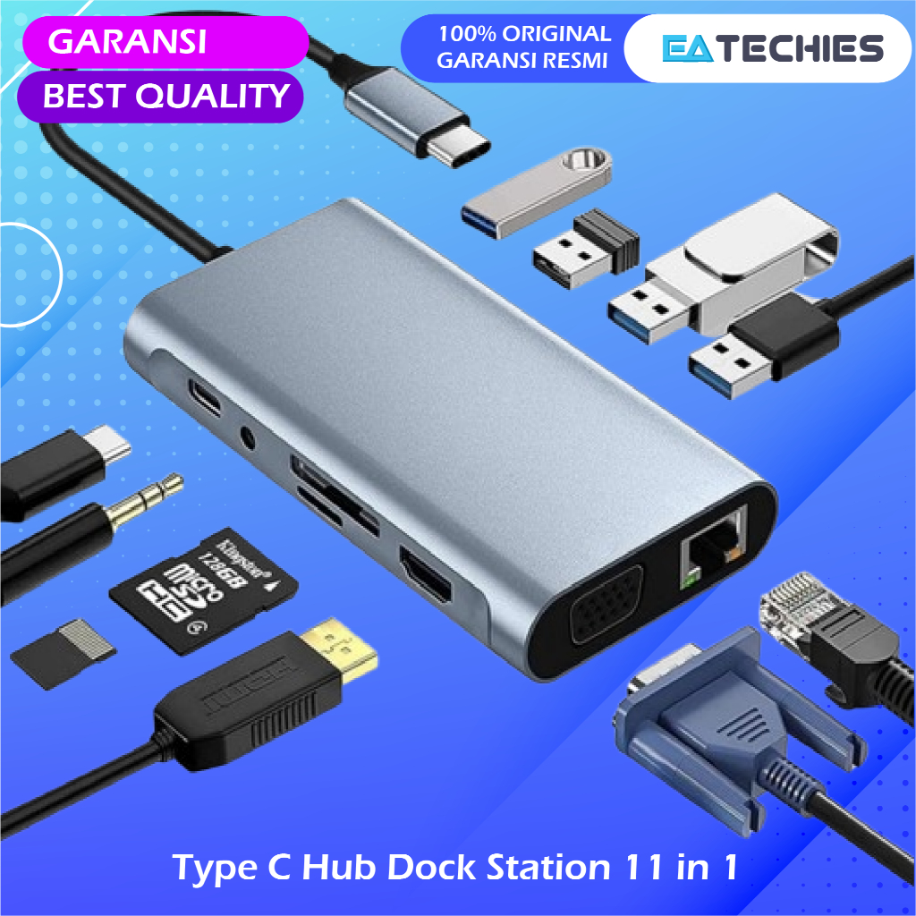 Converter Hub USB Type C to 11 in 1 HDMI VGA LAN Jack 3.5mm Audio USB3.0 PD SD MicroSD TF AUX USB-C 