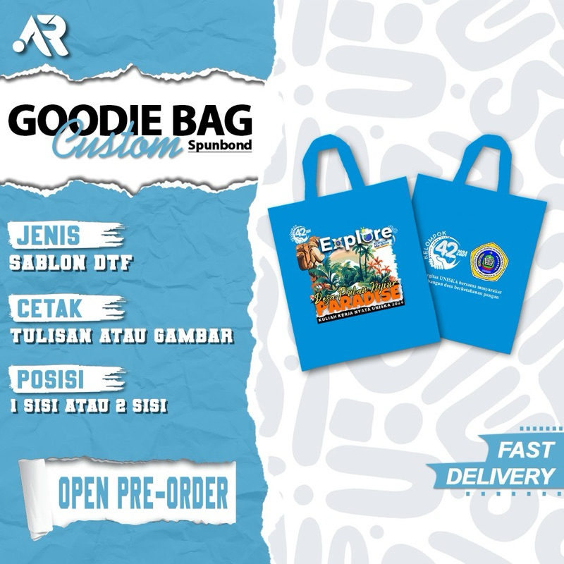 

Goodie Bag Sablon Custom | Sablon DTF | Tas Belanja | Tas Spunbond | Tas souvenir