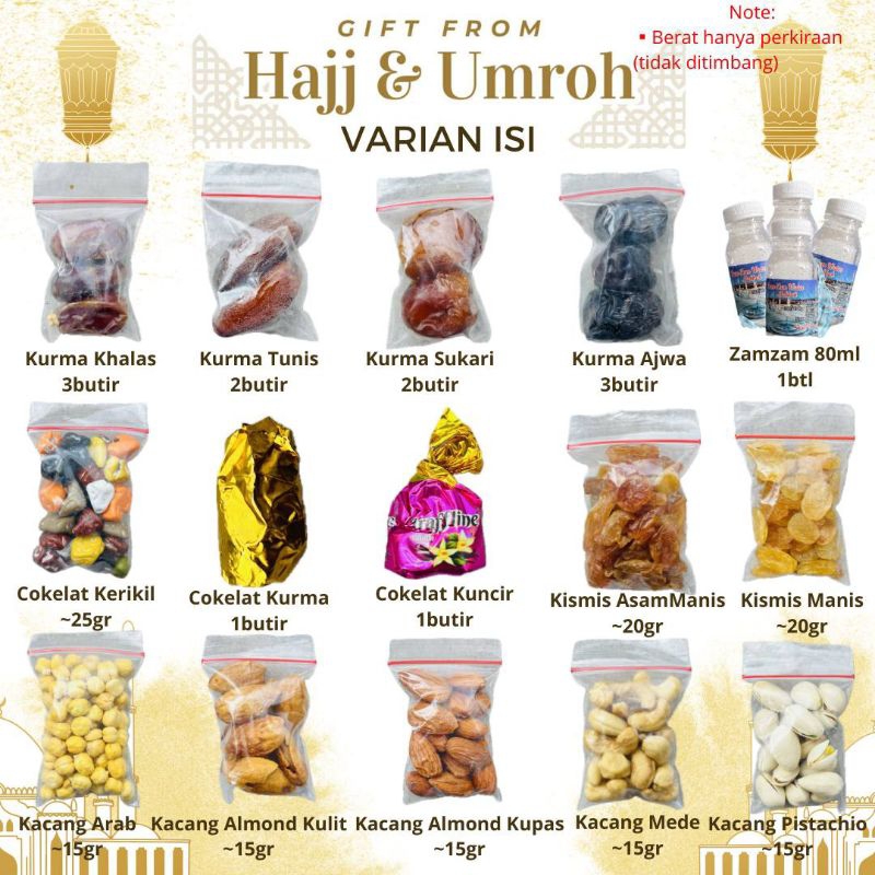 

Paket Hampers Umroh Haji / Souvenir Umroh Haji / Oleh Oleh Haji Umroh / 1 Paket isi 5