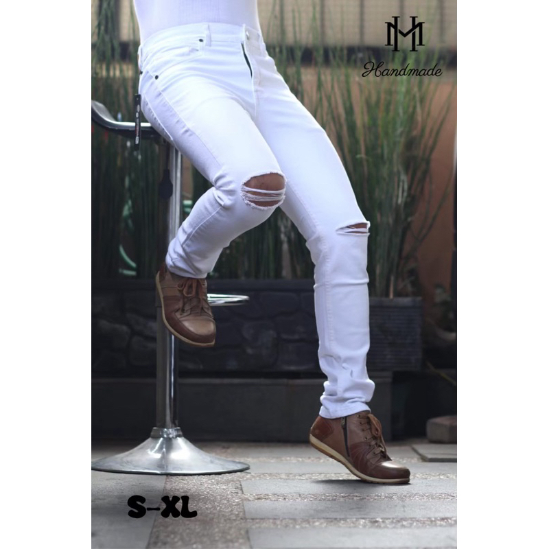 Celana Sobek Jeans Putih Pria / Celana Jeans Putih Pria Premium /  Celana Sobek Putih Distro Casual