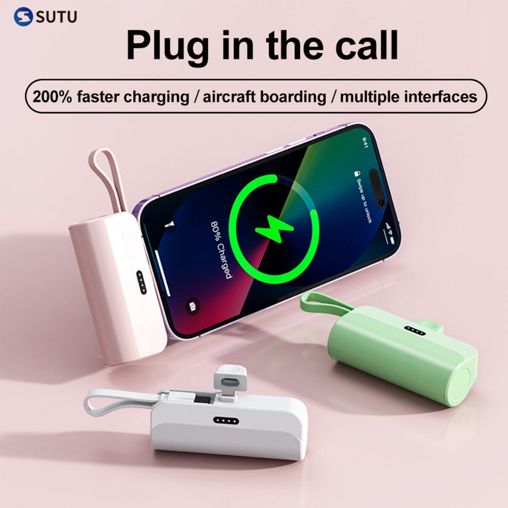 SUTU Mini PowerBank 5000mAh Dengan Kabel Type-C / iOS Lightning Mini Emergency Charge Portable Power