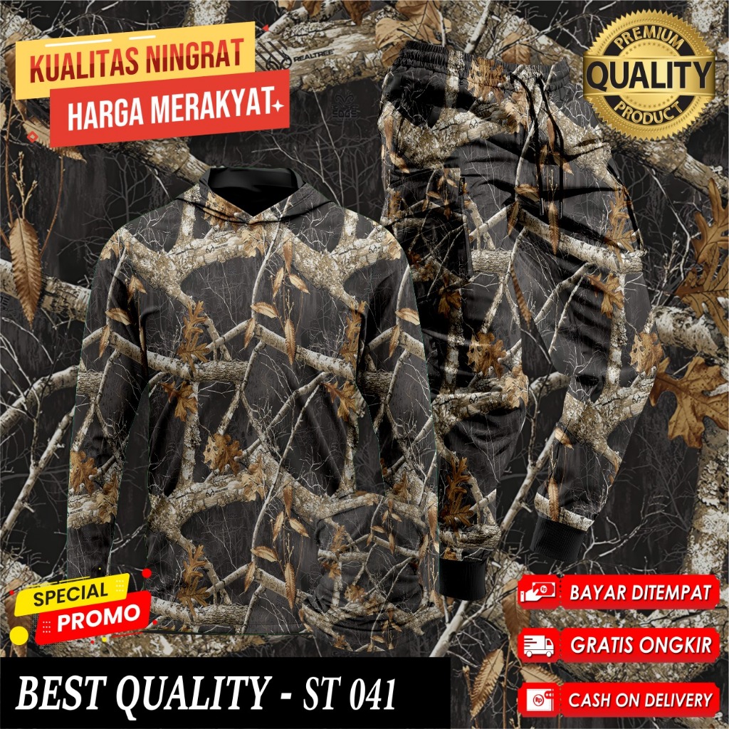 Setelan Baju Camo Hoodie Berburu Hunting Baju Berburu Hutan Kamuflase 1 Set Buff Celana Camo ST