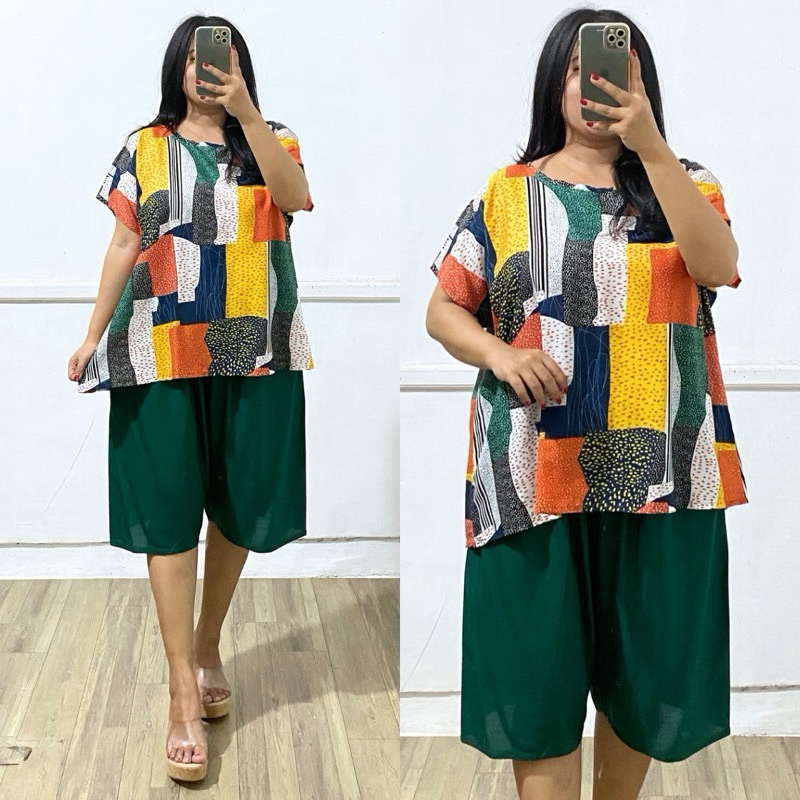 Setelan Babydoll Super Jumbo Rayon LD 130cm Celana Selutut Baju Tidur Bigsize Baju Tidur Santai LD 1