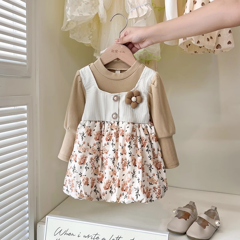 Dress Flower Anak Perempuan Usia 1-4 Tahun | Dress 2in1 Lengan Panjang Kembung Rompi Corduroy Kanicn