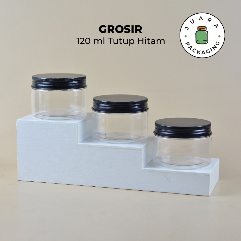 [GROSIR] Toples Plastik 120ml Jar PET Tebal dengan Tutup Aluminium Warna Hitam – Wadah Kosmetik Serb