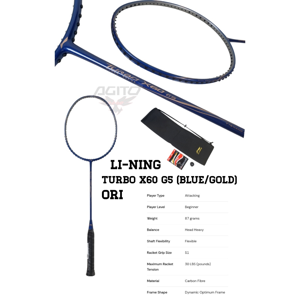 Raket Badminton Bulu Tangkis Li-Ning Lining Turbo X60 GS Blue Gold ORI
