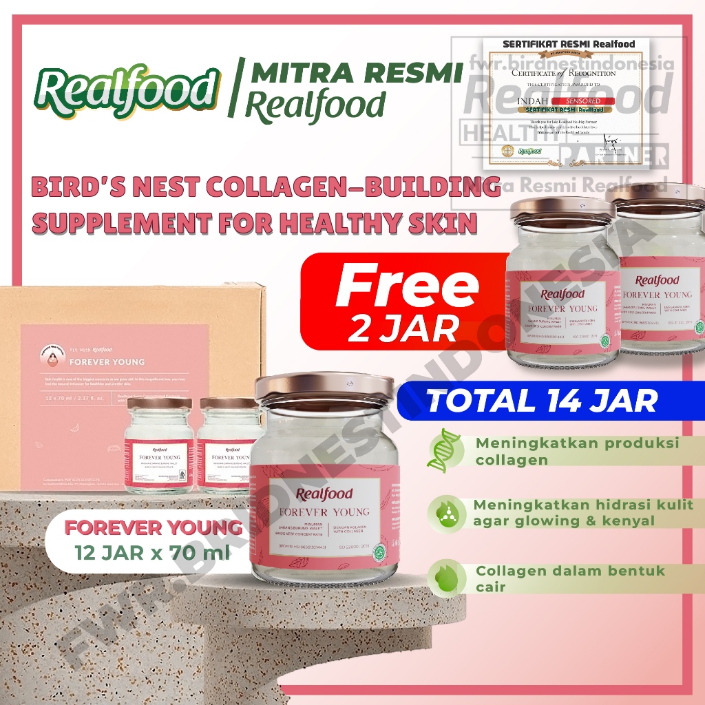 

Realfood Forever Young 12 Jar Bird Nest Collagen Drink | Minuman Kolagen | Brightening | Glowing