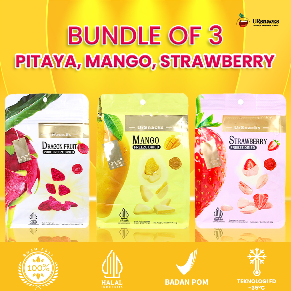 

[RS] URSNACKS BUNDLE OF 3 - FREEZE DRIED KERIPIK SEHAT BUAH ASLI MANGO + STRAWBERRY + DRAGON FRUIT HALAL BPOM