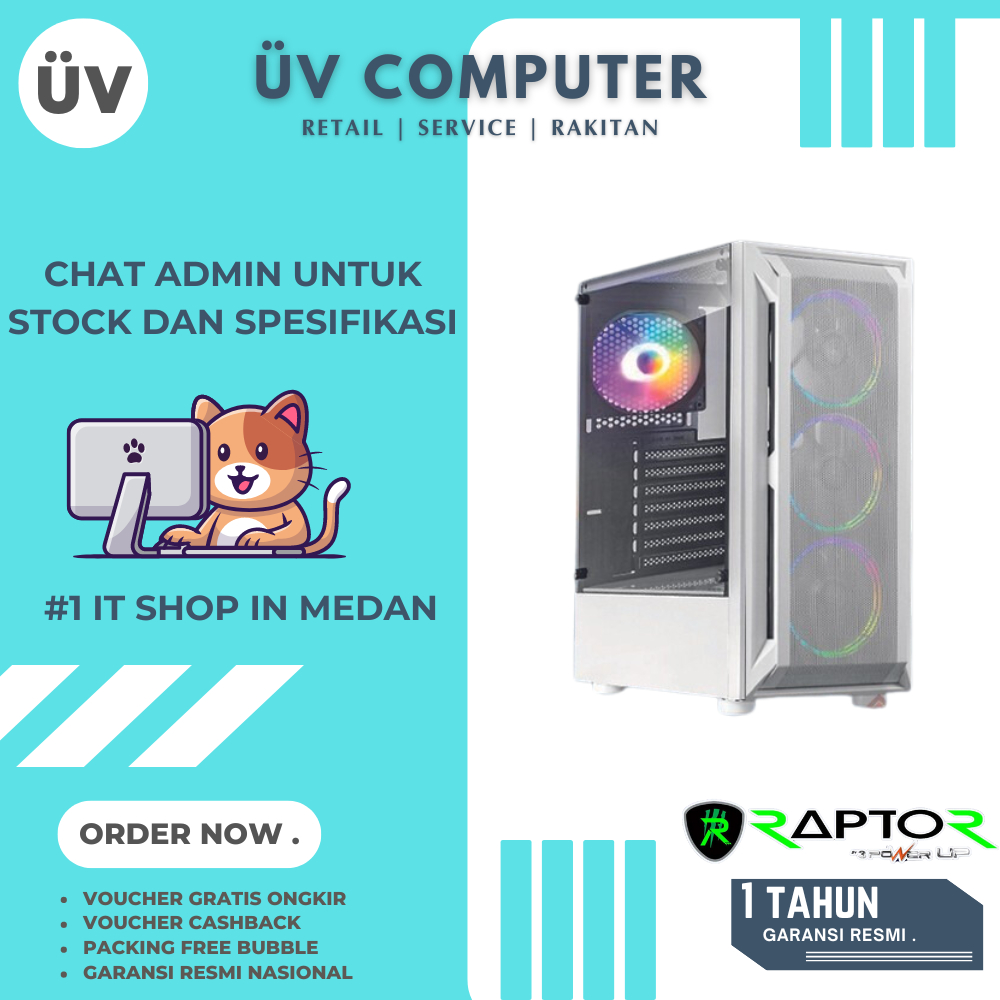 Casing PC Komputer 3PowerUP PowerUP Raptor 1633 | Mid Tower | ATX Case | 3 Fan White Putih