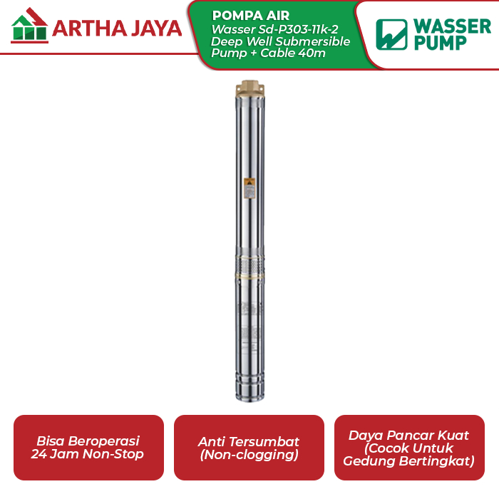 WASSER SD-P303-11K-2 Pompa Submersible Sumur Dalam 250W + Kabel 40M