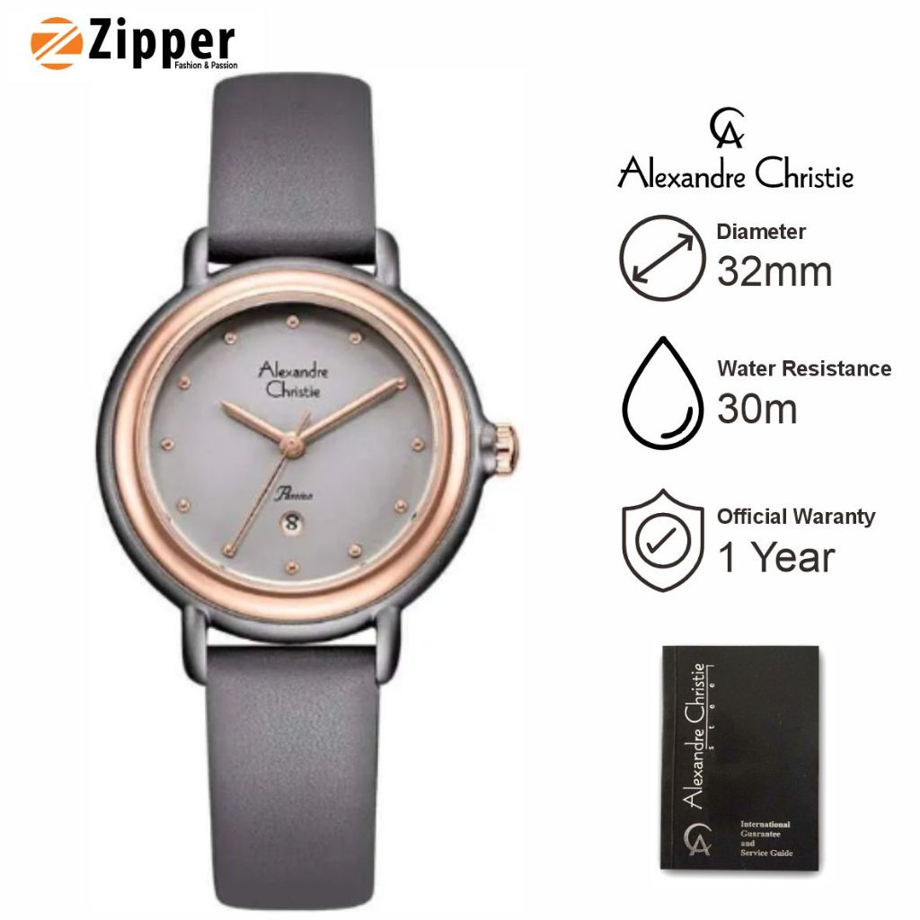 Alexandre Christie Passion AC 2963 LD LRGGR Jam Tangan Wanita Ladies Light Grey Dial Grey Leather St