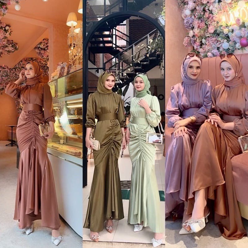 DRESS WANITA SERUT SATIN / GAUN PESTA WANITA MODERN CASUAL KONDANGAN MUSLIM BAHAN SATIN SILK TALI SE