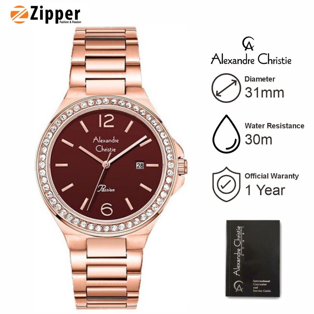 Alexandre Christie Passion AC 2981 LD BRGRE Jam Tangan Wanita Ladies Red Dial Rose Gold Stainless St