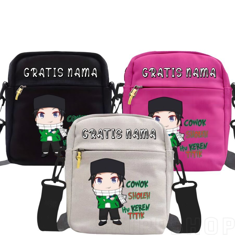 Tas Selempang Sekolah Ngaji Anak dan Remaja Karakter Cowok Sholeh Itu Keren Titik FREE NAMA