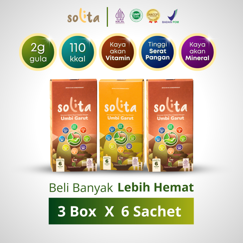 

SOLITA PAKET 3 BOX ISI 6 Minuman serbuk atasi asam lambung, maag, gerd dengan umbi garut & MUCOSAVE