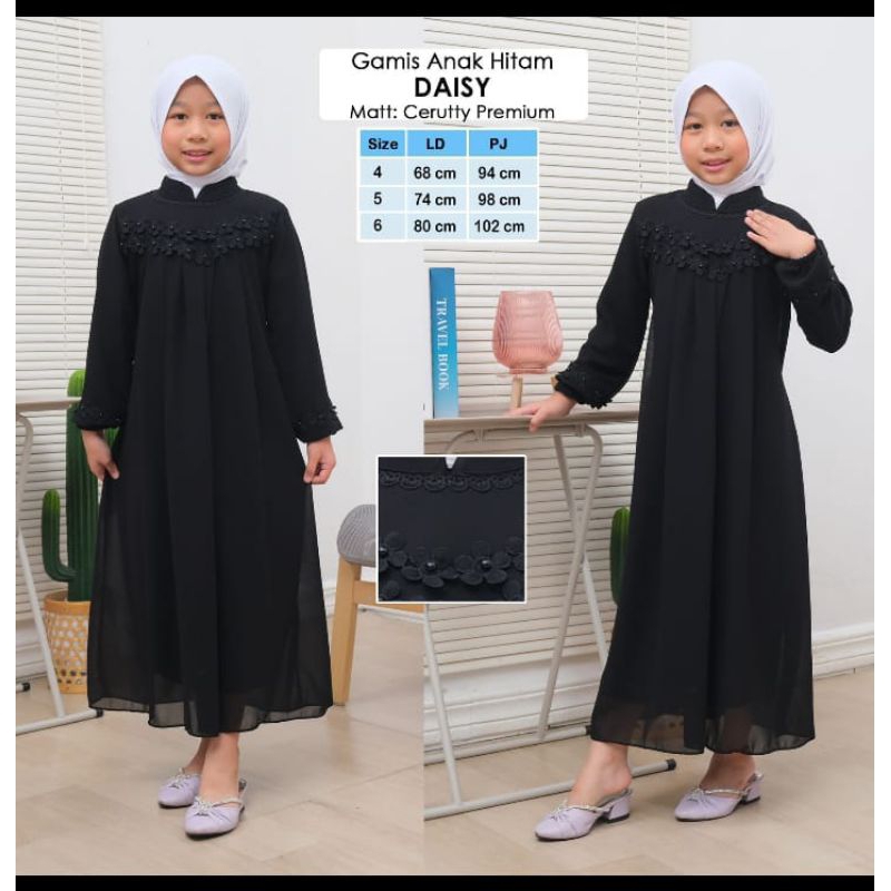 GAMIS ANAK TANGGUNG WARNA HITAM DAN PUTIH BAHAN CERUTY PREMIUM TEBAL MIX RENDA BAHAN HALUS ADEM SIZE