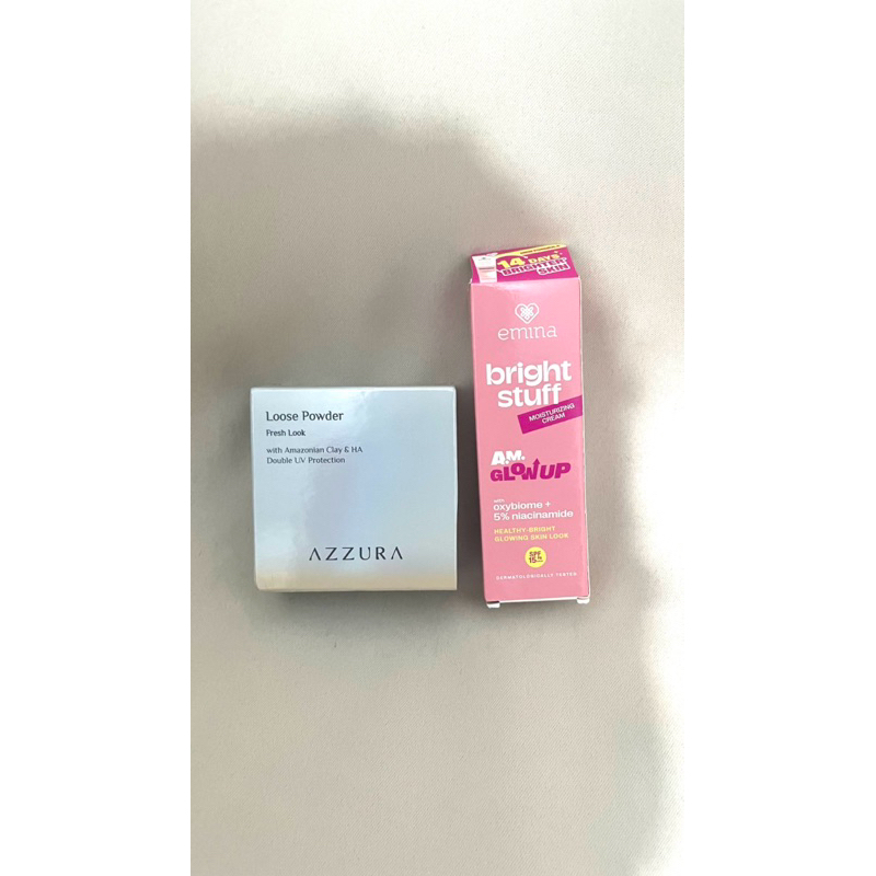 AZZURA Loose Powder Bedak Tabur shade 01, Light Beige. Emina Bright Stuff Moisturizing Cream 20mL
