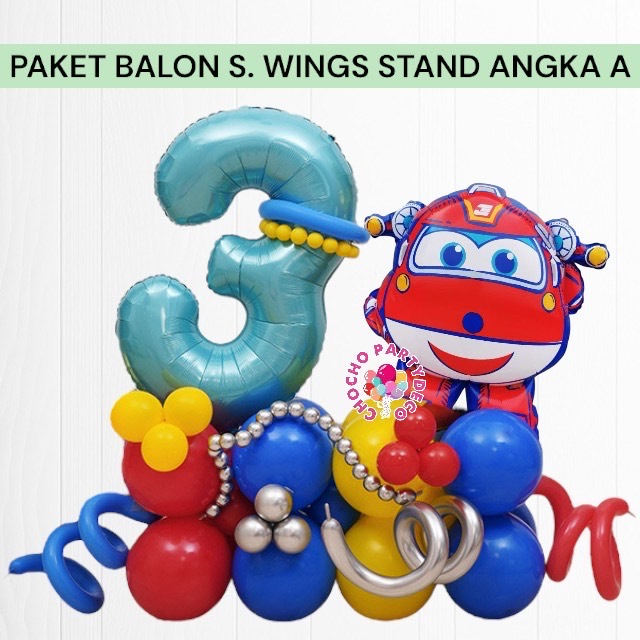 Paket Balon SUPER WINGS STAND Angka A / Dekorasi Ulang Tahun Super Wings Jet
