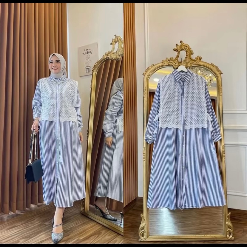 Tiana Midi Dress / gamis lace brukat salur garis