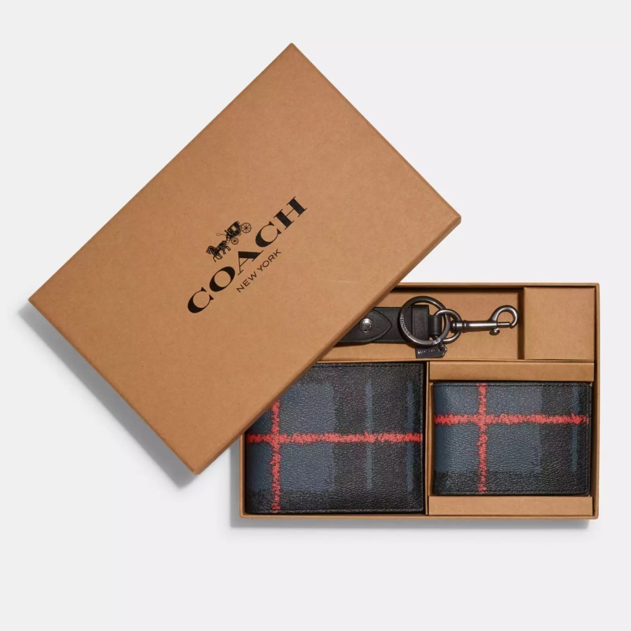 Dompet Branded Pria COACH 3 In 1 Boxed Set Wallet Plaid Coated Canvas Original