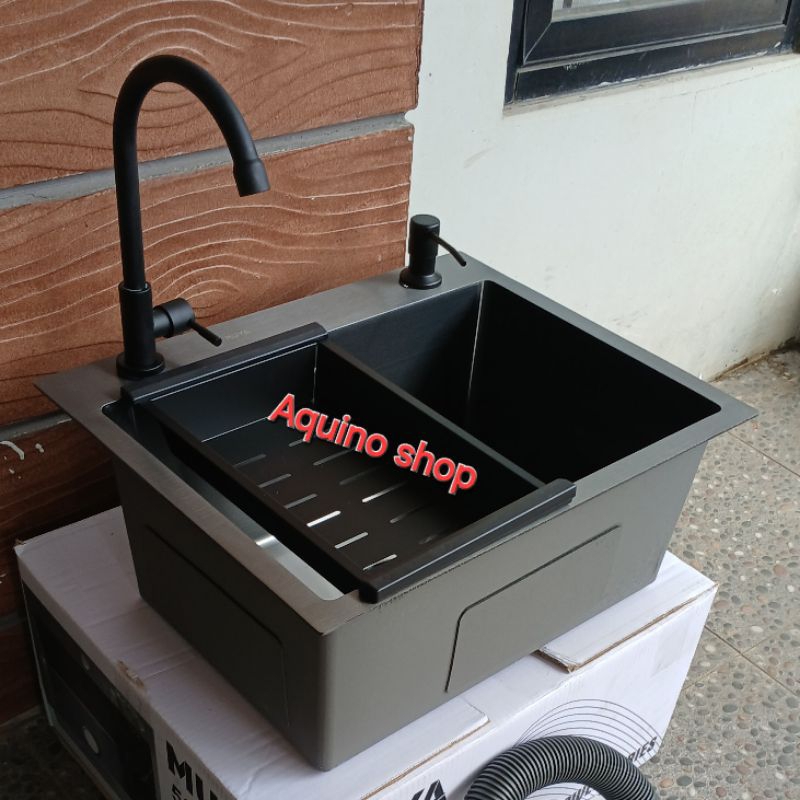 Paket komplit wastafel bak cuci piring MUYA kitchen sink 1 lubang stainless hitam ukuran 50cm×40cm×2