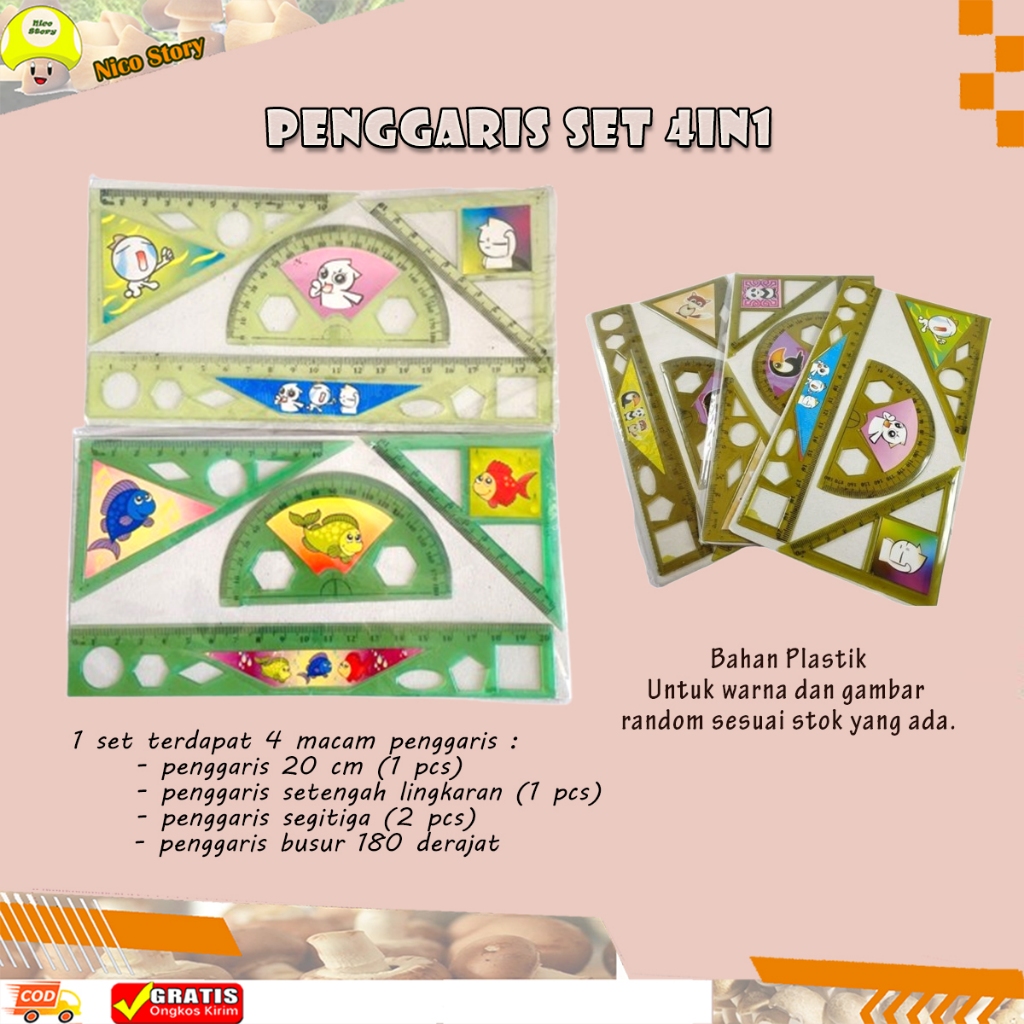 

(NCS) Penggaris Set Plastik 4in1 Garis Isi 4 Pcs Pak Kecil 20 CM Garisan Busur Setengah Lingkaran Ruler Segitiga Segi Tiga 3