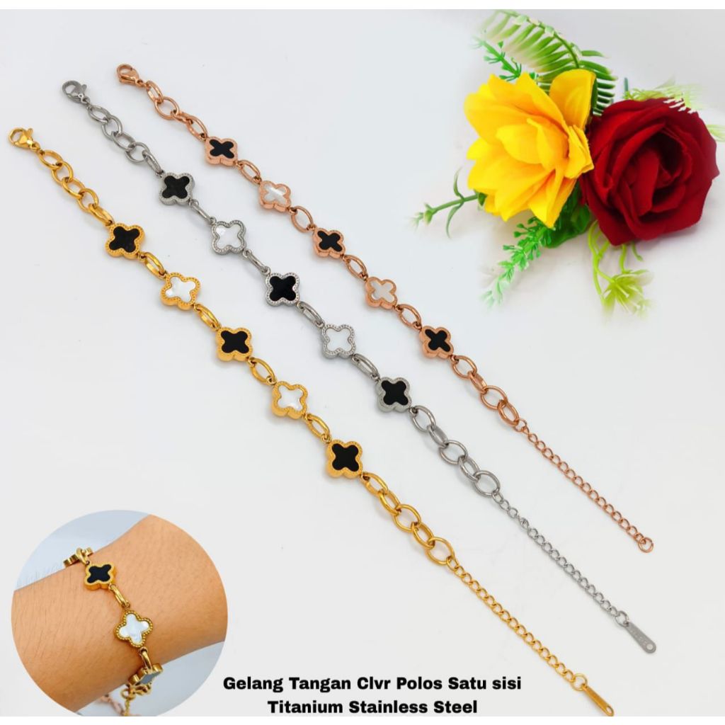 gelang tangan clover polos hitam putih rantai paperclip titanium anti karat & anti luntur