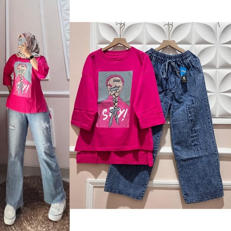 SETELAN KAOS OVERSIZE // SET KULOT JEANS TERBARU ORIGINAL