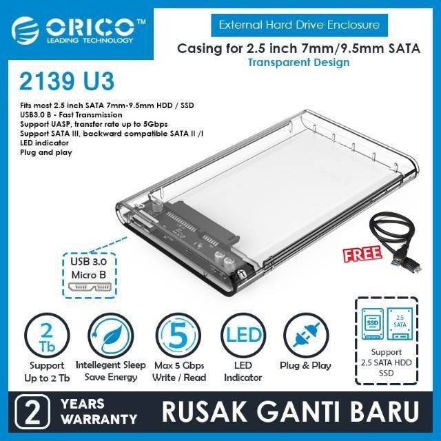 HDD Enclosure ORICO 2139C3 Type C/2139U3/Cliptec 2.5" USB 3.0 Transparan ORIGINAL 100%