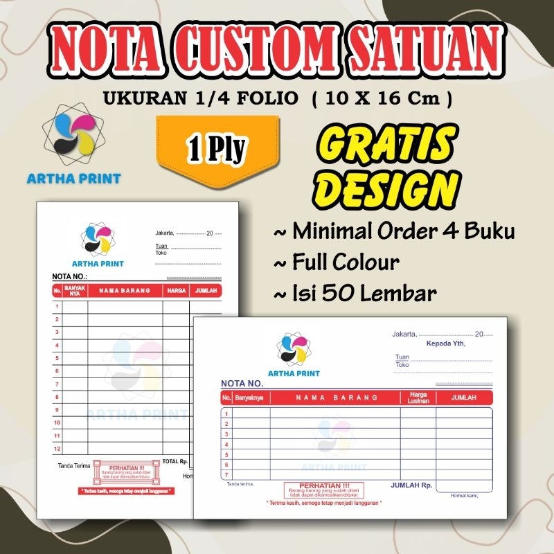 

Cetak nota murah custom 1 ply ukuran 1/4 folio