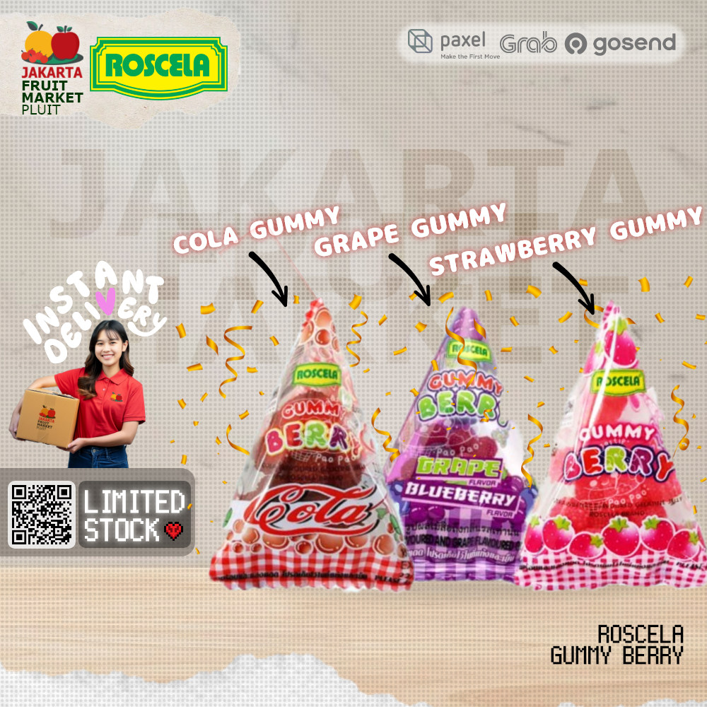 

ROSCELLA GUMMY CANDY COLA/STRAWBERRY/GRAPE PERMEN GUMMY LIMITED EDITION