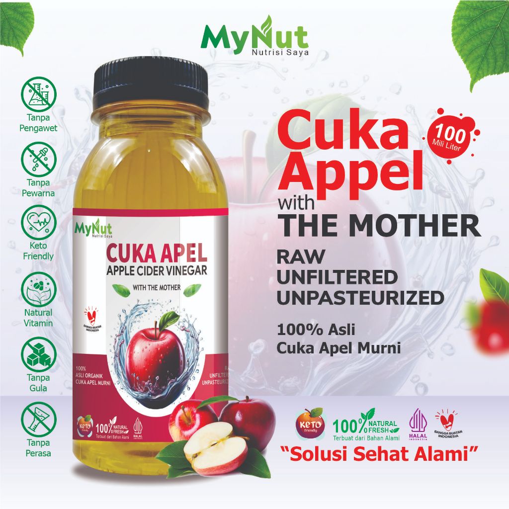

MYNUT CUKA APEL 100 ML APPLE CIDER VINEGAR 100% ORIGINAL HERBAL ORGANIK