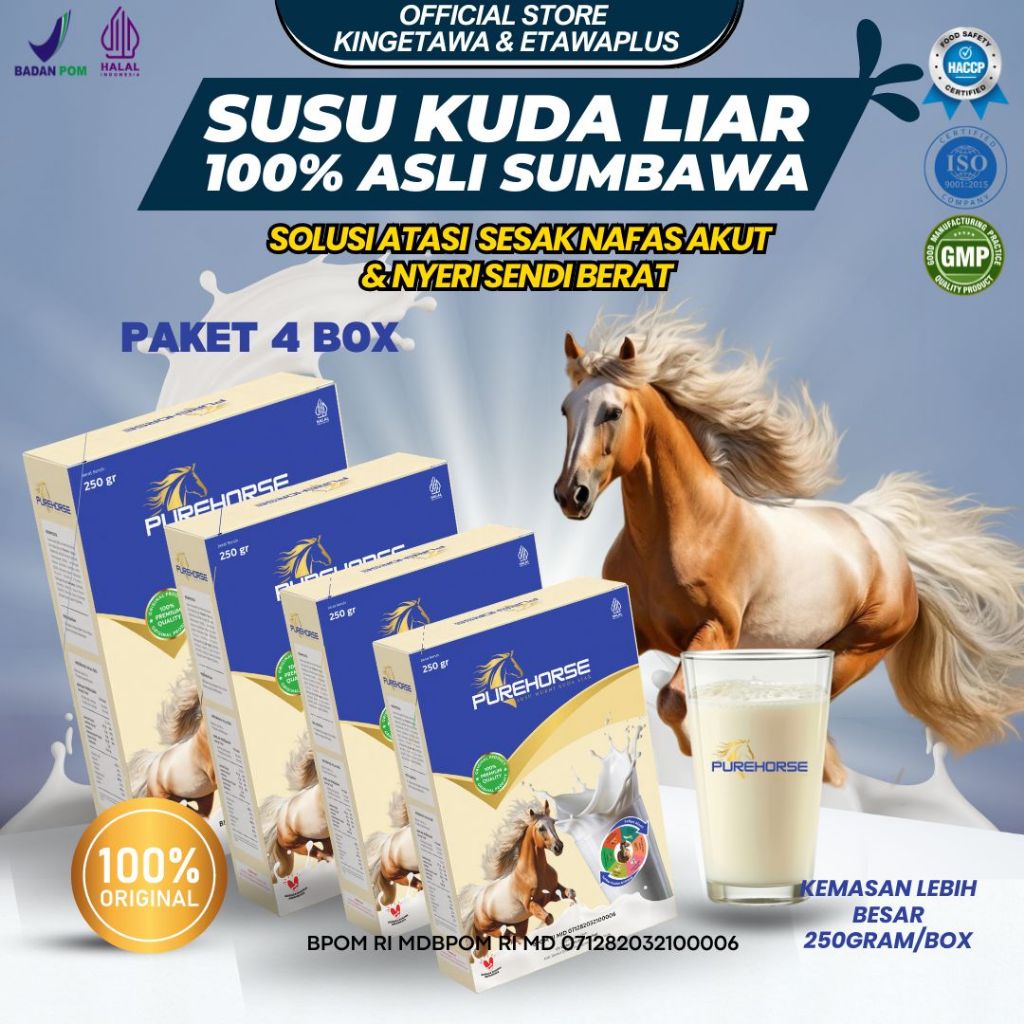

Susu Kuda Pure Horse 100% Original dari Sumbawa Cepat Atasi Sesak Nafas dan Nyeri Sendi Paket 4 Box