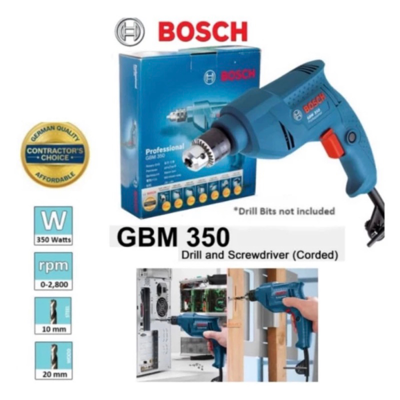 Mesin Bor Listrik 10mm BOSCH GBM 350 - Bor Kayu Besi Bolak Balik 2 Way