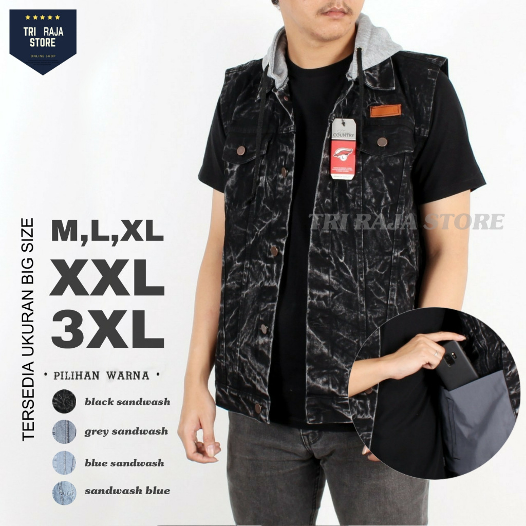 Jaket Jeans Rompi Pria Ukuran Jumbo XXL-3XL / Jaket Rompi Jeans Denim Pria / Jaket Hoodie Jeans Pria
