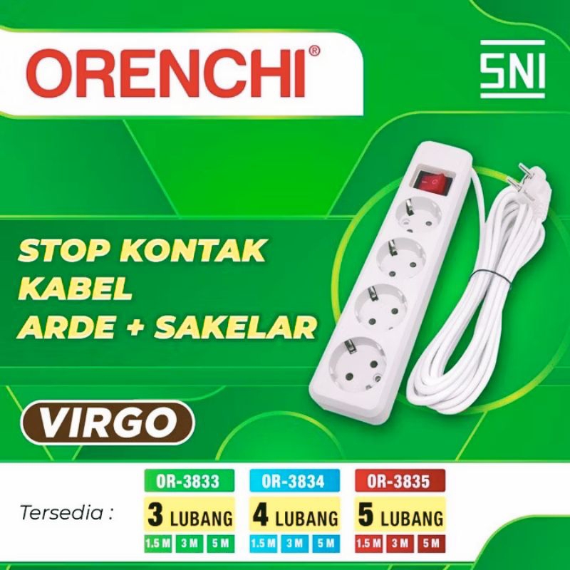 Stop kontak 2/3/4/5 Lubang+Kabel 1,5/3/5 Meter Orenchi Virgo