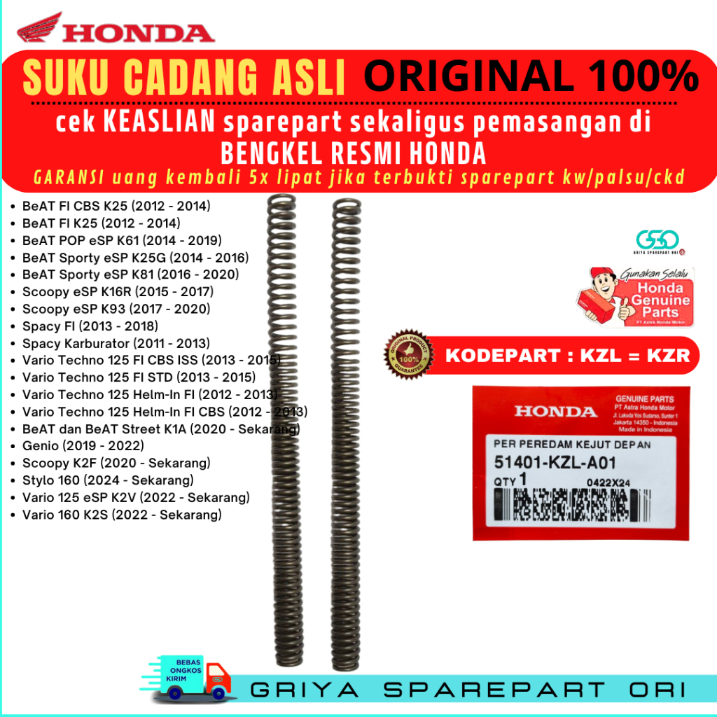 hock depan Beat fi Original Ori Honda Per shockbreaker depan Beat sporty Beat pop Vario 125 160 Per 