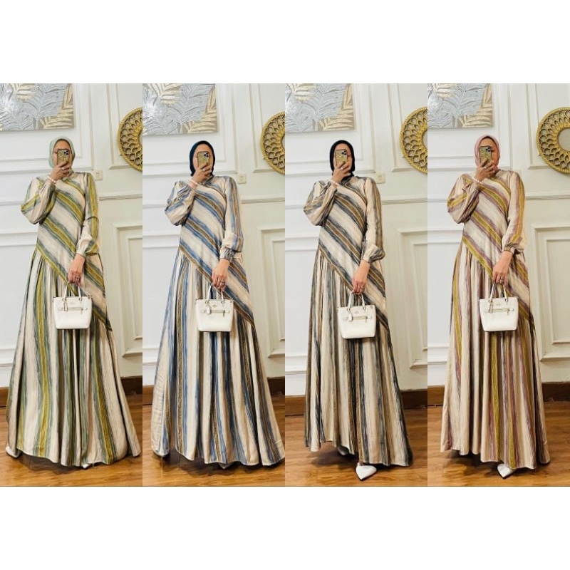Gamis Rayon Modern Salur Garis Resti Dress Kekinian Rayon Salur Garis Midi Dress Resti Rayon Terbaru