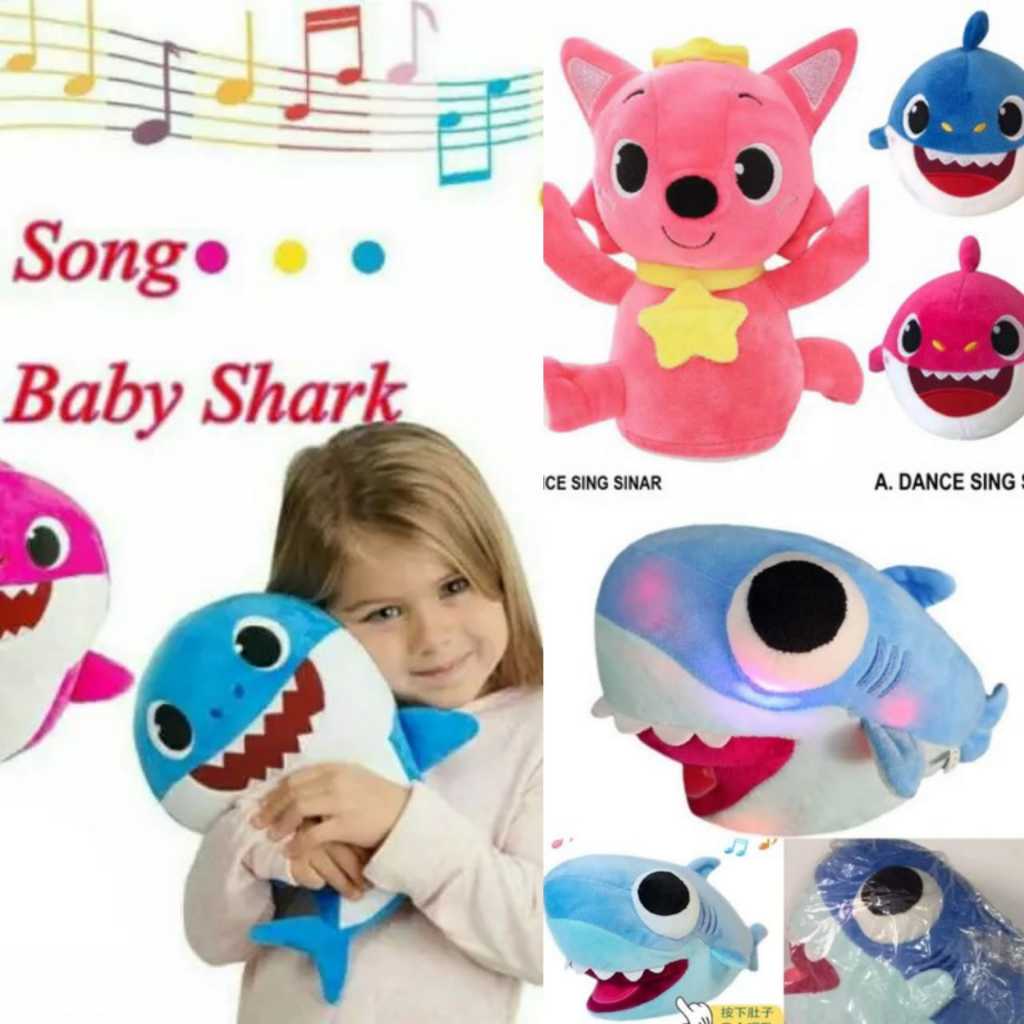 Boneka baby shark hiu plush LED musik import