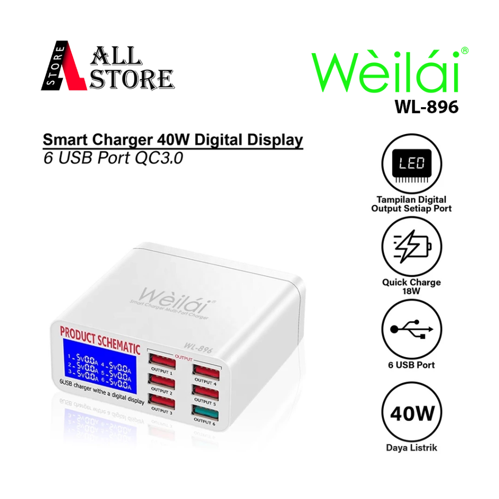 IK8 Weilai WL-896 Super Charger Digital Display USB 6 Port QC-3.0 40W Smart Charger Multiport