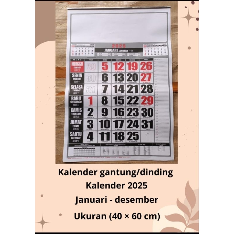

SEDANG (40×60 CM)-SESUAI REAL PICK-TERBARU NO CUSTOM -12 LEMBAR - KALENDER TAHUN 2025 (40×60 CM) (MURAH