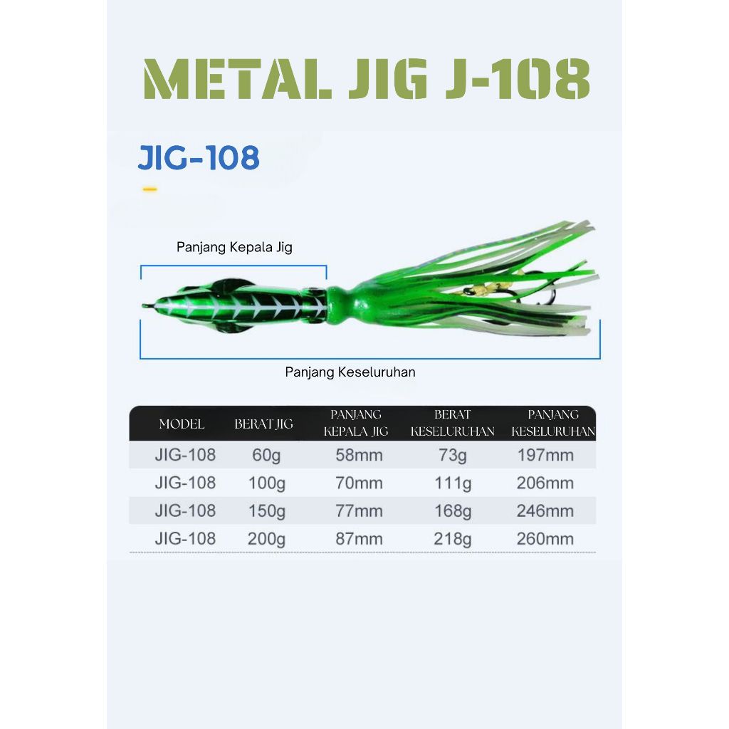 UMPAN METAL JIG TEASER J 108, Umpan Metal Jig Cumi-Cumi With Hook Jig, Ukuran 60gr, 100gr, 150gr, 20