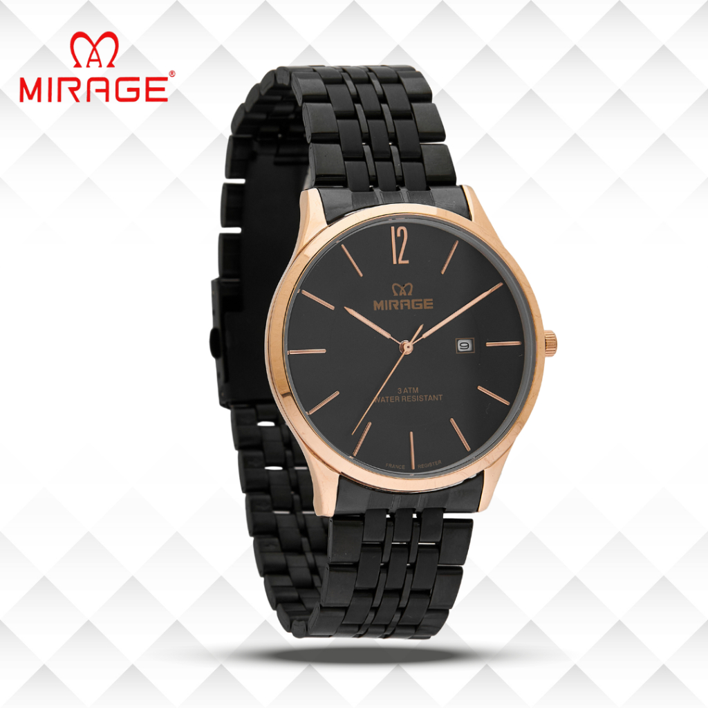 Mirage Jam Tangan Pria Analog 8647 M Black Rose Gold Original Stainless