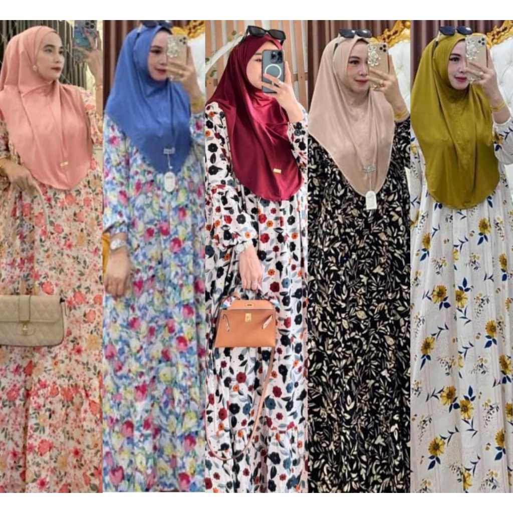 Set Dress Gamis Rayon Lengan Puffy Tali+Bergo Non Pet Jersey