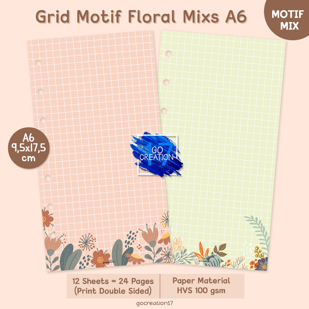 

Buku Planner Refill Kertas Binder Kotak Grid Floral Motif Premium A6